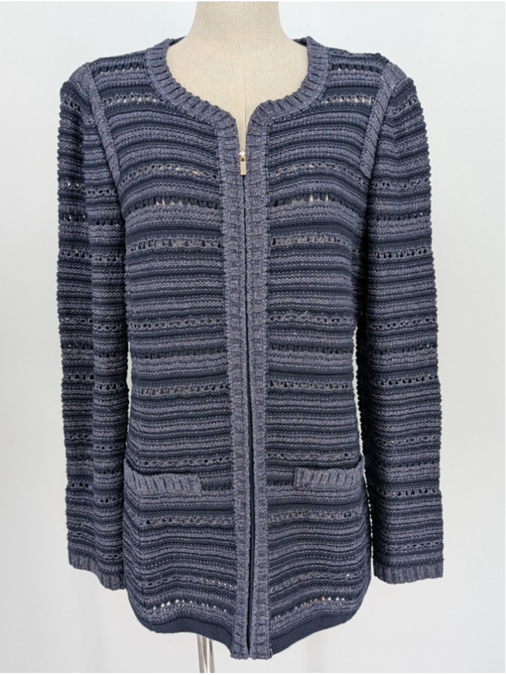 St. John Size 10 Metallic Navy Openwork Knit Zip Cardigan Jacket Made USA